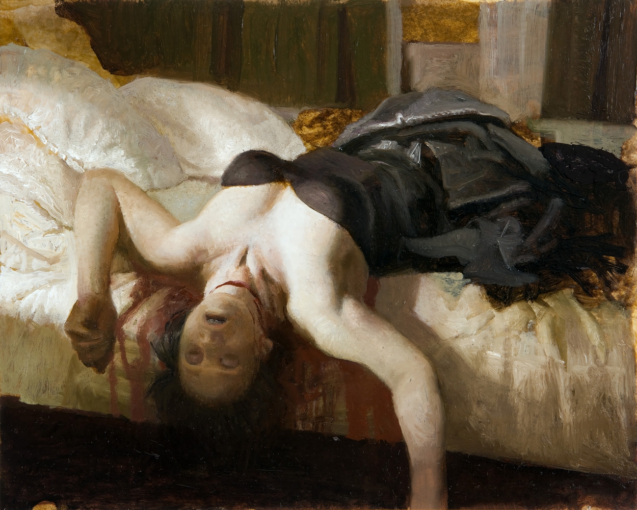 Oil painting of woman lying on edge of bed with throat slit.