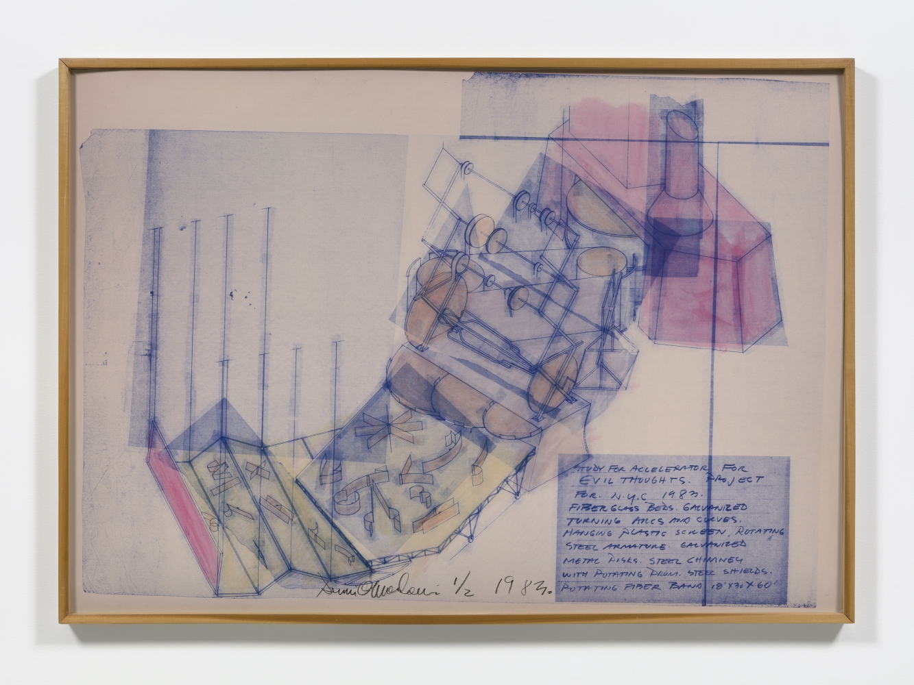 Blue and red hand tinted line print on linen depicting rotating sculpture by Dennis Oppenheim.
