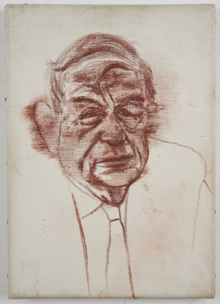 Oil painting depicting older man with auburn paint and white background by R.B. Kitaj.