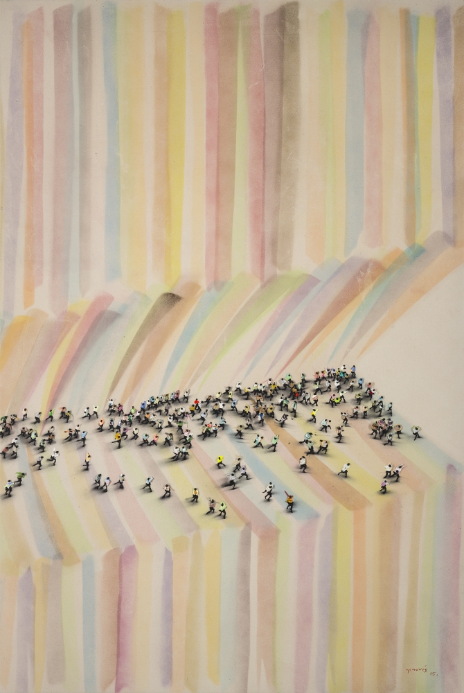 Crowds of people atop rainbow striped background by Juan Genovés.