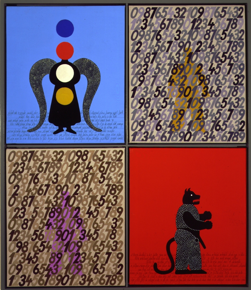 Four paneled painting of blue and red coloring with numbers and abstract animalistic figures.