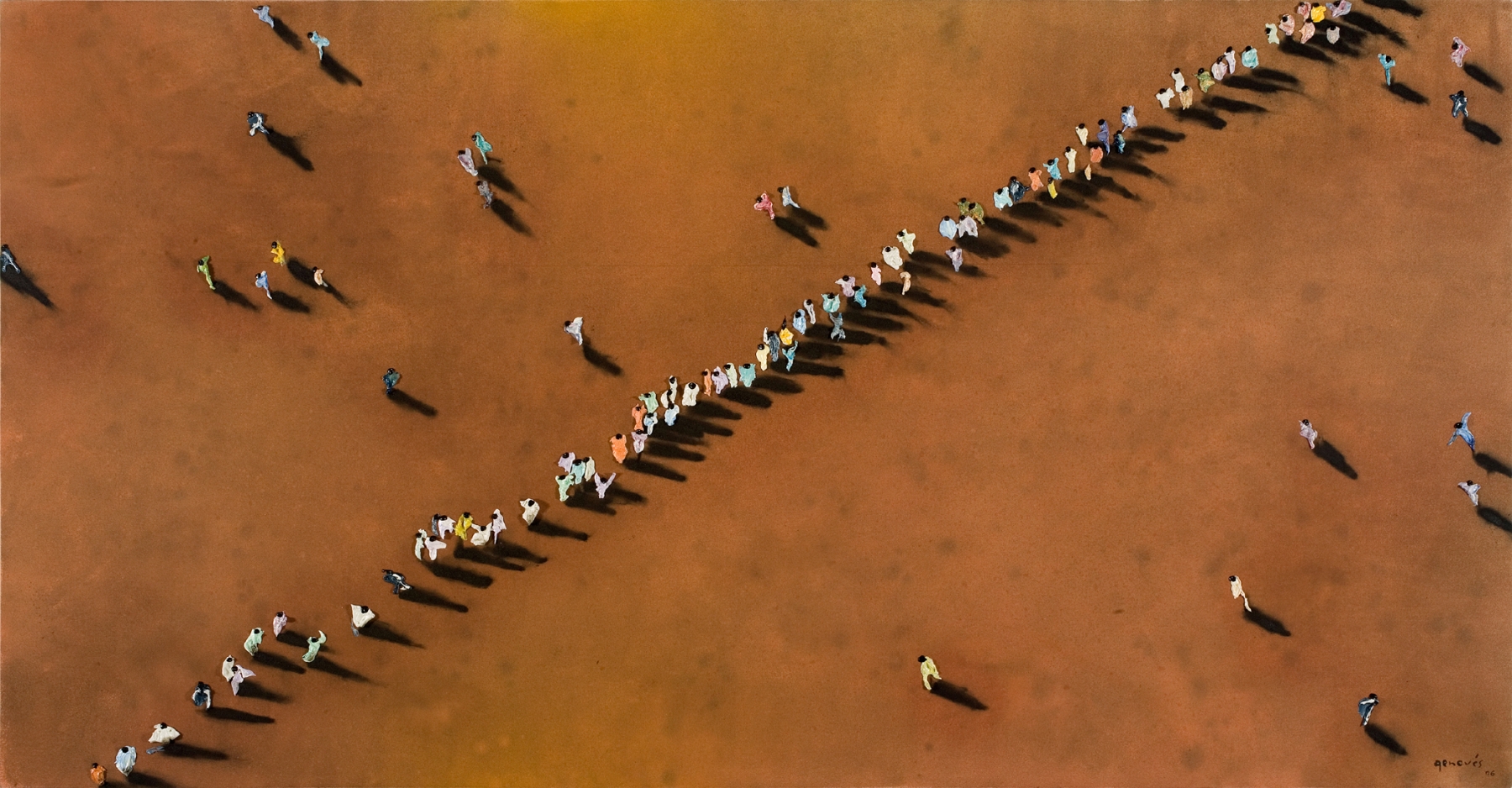 Aerial view depicting line of people on a burnt orange background by Juan Genovés.