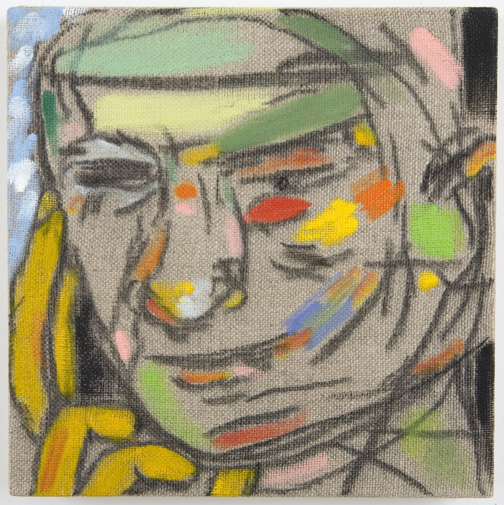 Abstract line painting of face featuring blocks of color.