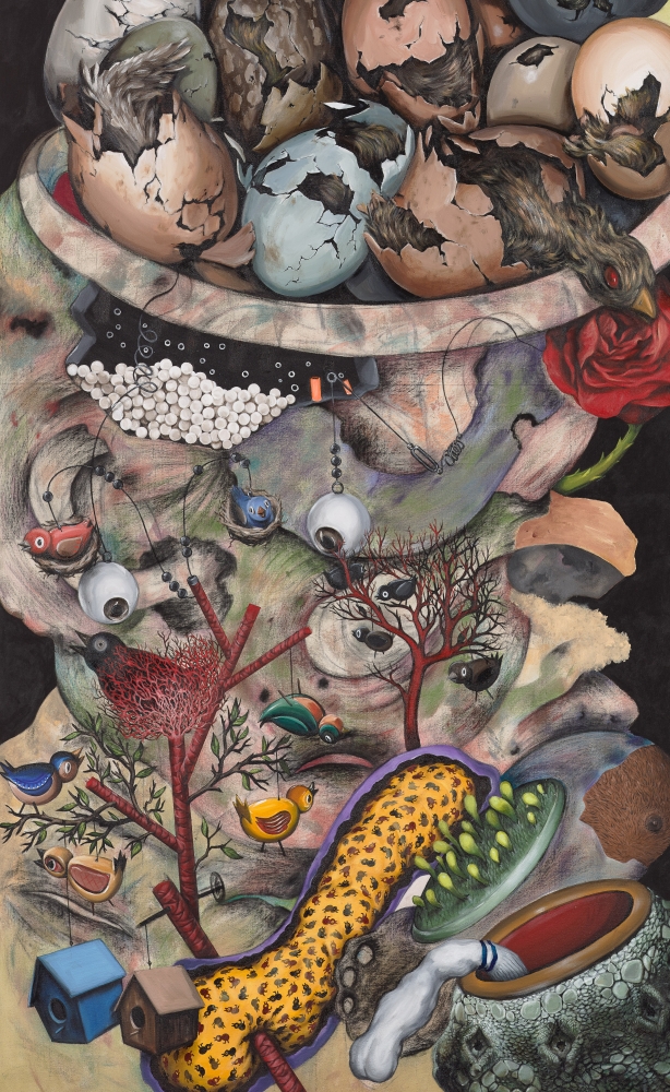 Acrylic, charcoal, colored pencil on canvas by Ahmed Alsoudani featuring birds, eggs, birdhouses, trees, and eyes