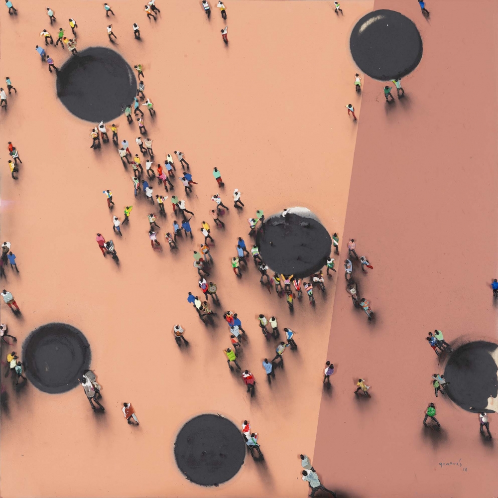 Aerial view of crowds hoarding around black spots with an orange background by Juan Genovés.