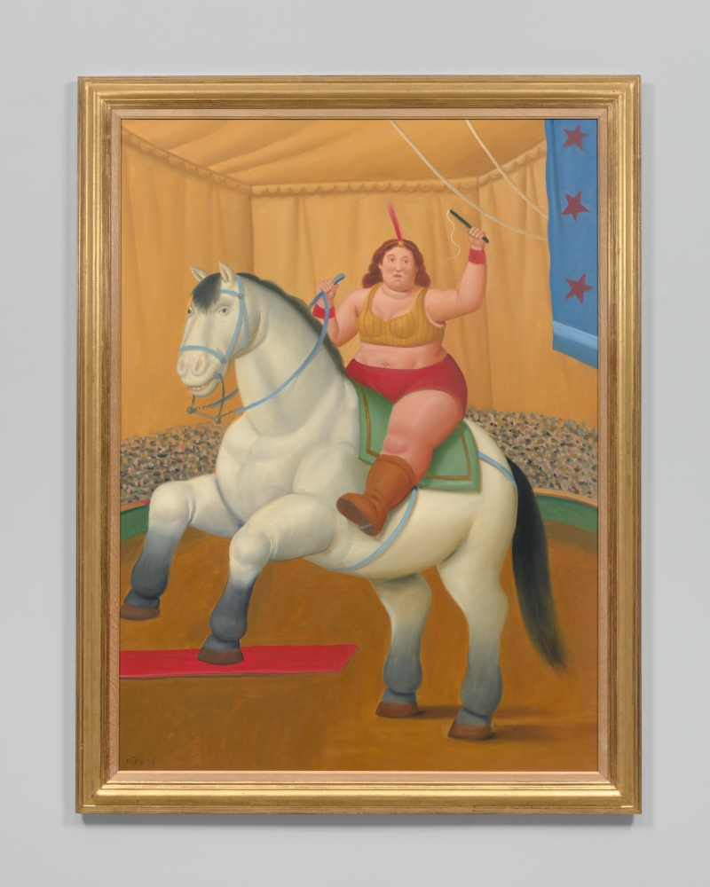 Framed oil painting of a woman on horse inside an orange circus tent.