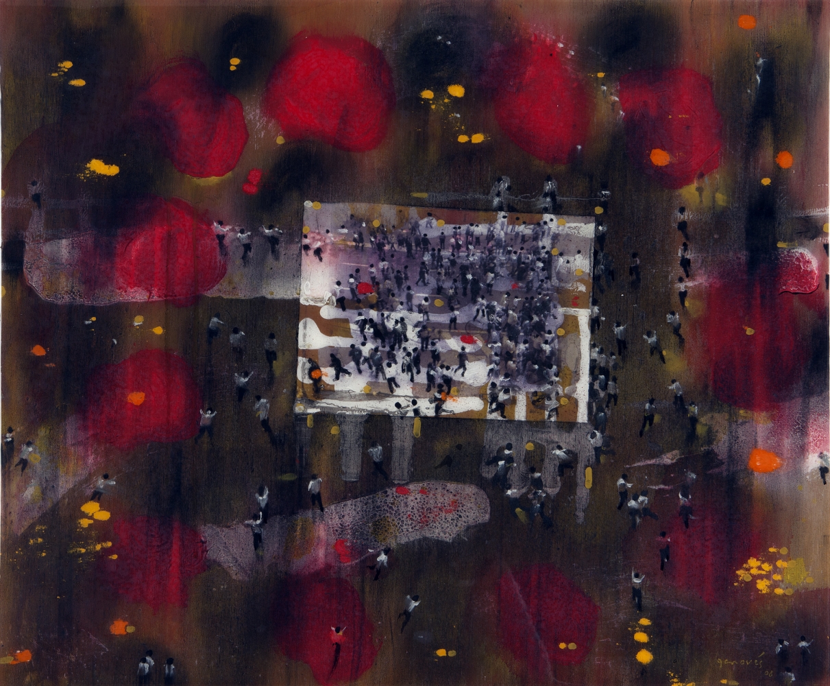 Abstract painting of red and black coloring overlaying image of large crowds of people by Juan Genovés.