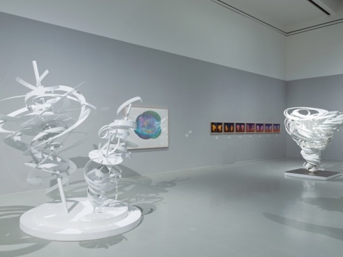 Installation view of white powder aluminum sculptures and drawings by Alice Aycock