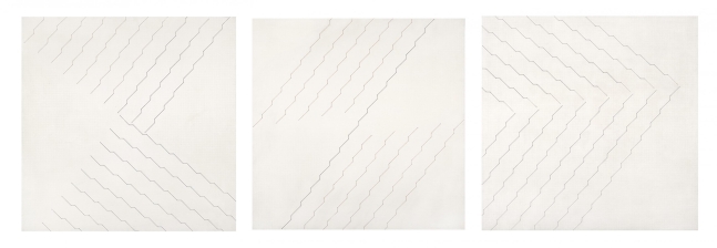 Soledad Sevilla
Estructura simple. Eje diagonal. Vacio N&amp;deg;1, vacio N&amp;deg;2 y eje horizontal, 1979
acrylic and ink on canvas
triptych, each: 39 3/8 &amp;times; 39 3/8 in. / 100 &amp;times; 100 cm