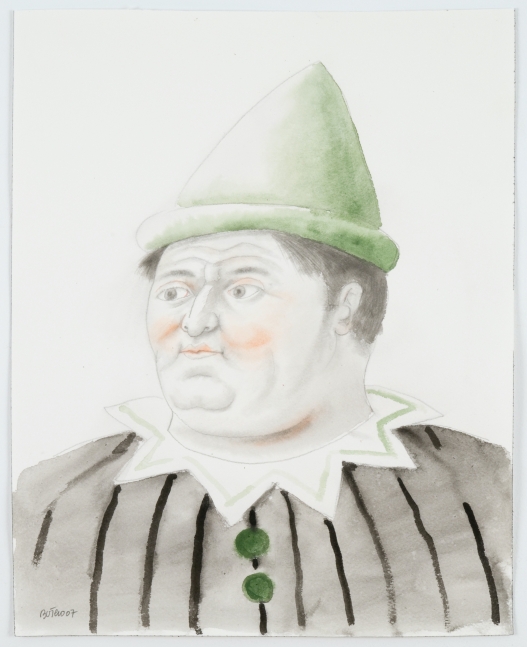 Watercolor painting of a clown with a green conical hat.