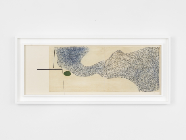 Framed oil and paper on canvas abstract work by Victor Pasmore featuring a large blue stippled segment near a large point and black lines