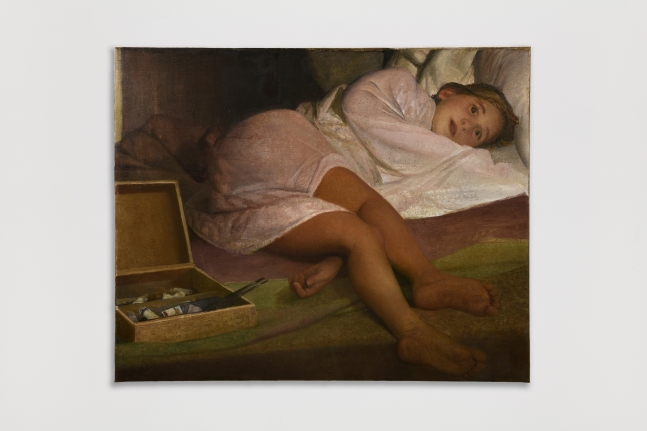 Oil painting of paint box next to a sleeping child by Vincent Desiderio.