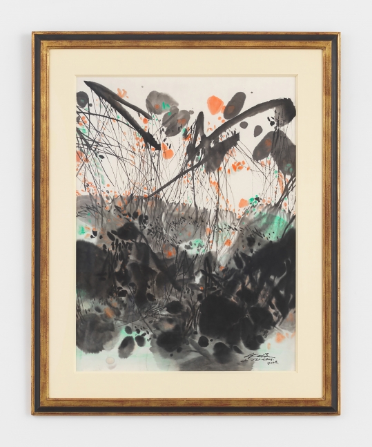 Framed ink and colored ink on paper work by Chu Teh-Chun featuring rhythmic splotches of black, teal, and orange