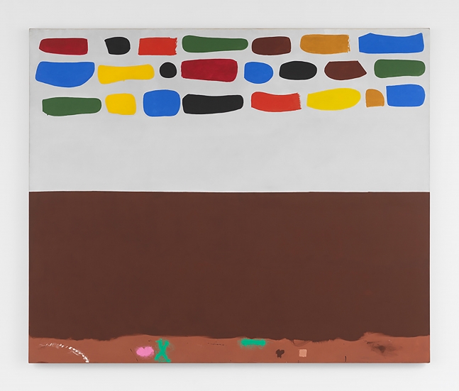 Oil on canvas painting by Adolph Gottlieb featuring half of the canvas with brown and the other half with swatches of yellow, blue, green and orange