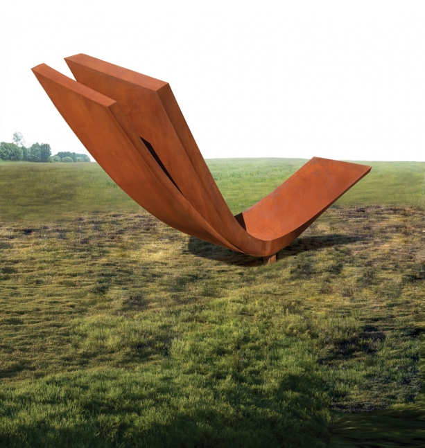 Installation shot of curved steel sculpture atop a small pedestal in grass by Beverley Pepper.
