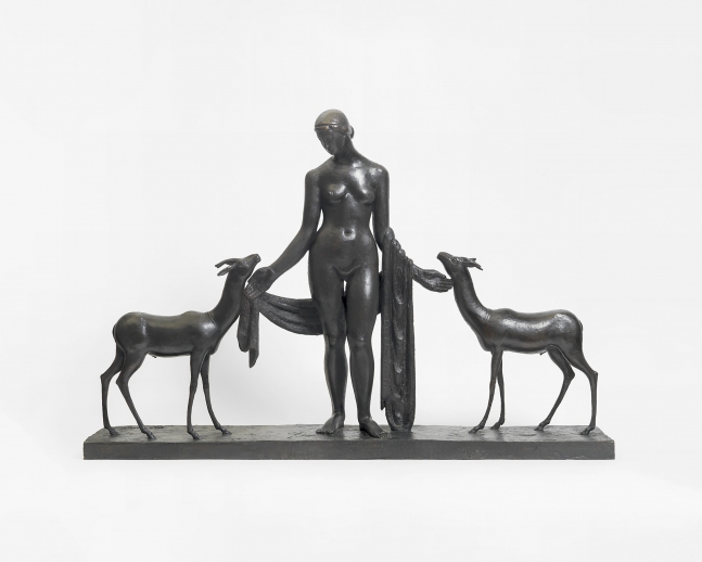 Bronze sculpture depicting a nude woman and two gazelles.