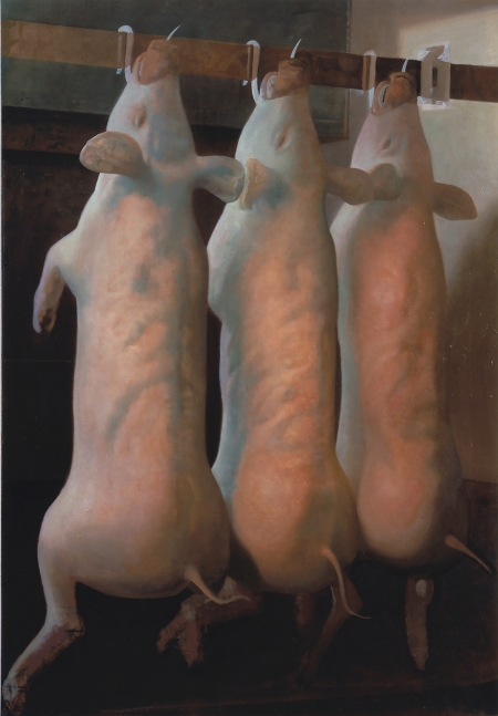 Oil painting of three pigs hanging by Vincent Desiderio.