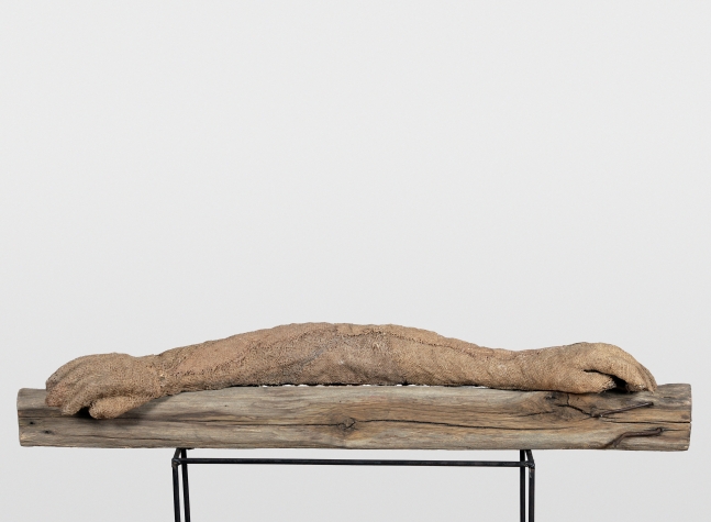 Horizontal burlap, wood and steel sculpture by Magdalena Abakanowicz of two arms joined at the elbow