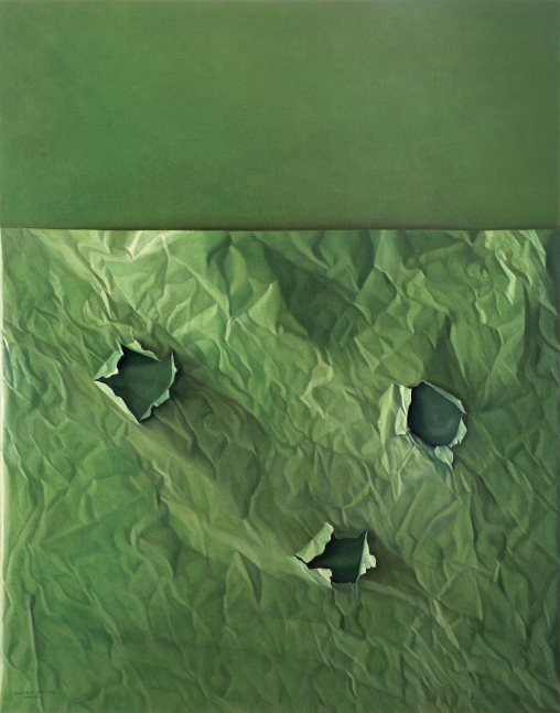 Green monochromatic oil painting of paper with three holes.