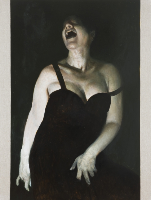 Oil painting of a laughing woman in a black dress by Vincent Desiderio.
