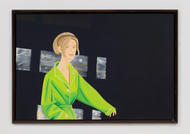 Oil on canvas painting by Alex Katz featuring a woman in a green jacket against a black background