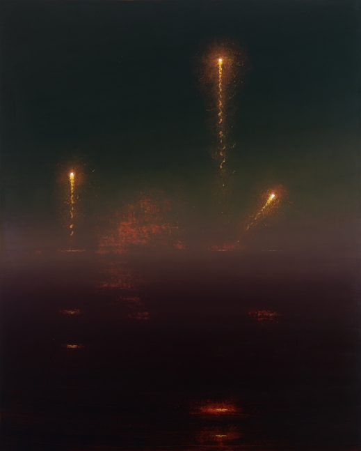 Dark landscape painting with bright rockets flying through the evening fog by Stephen Hannock.