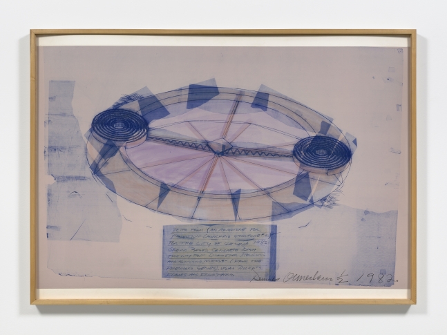 Blue tinted line print on linen depicting circular rotating launching structure by Dennis Oppenheim.