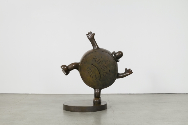 Bronze sculpture of a personified penny coin with top hat by Tom Otterness.
