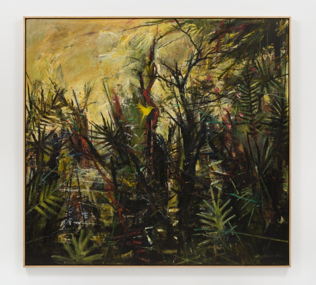 Landscape painting of trees and plants with a yellow background.