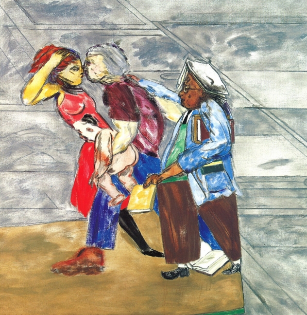 Four abstract figures caught in motion on grey background by R.B. Kitaj.