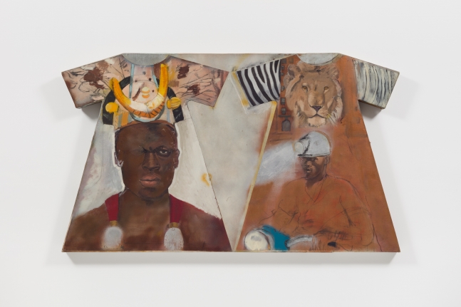 Oil and collage on canvas and wood construction by Larry Rivers featuring a the outline of two dresses filled with a figure and texturing; one with an animal motif and lion, the other with abstraction