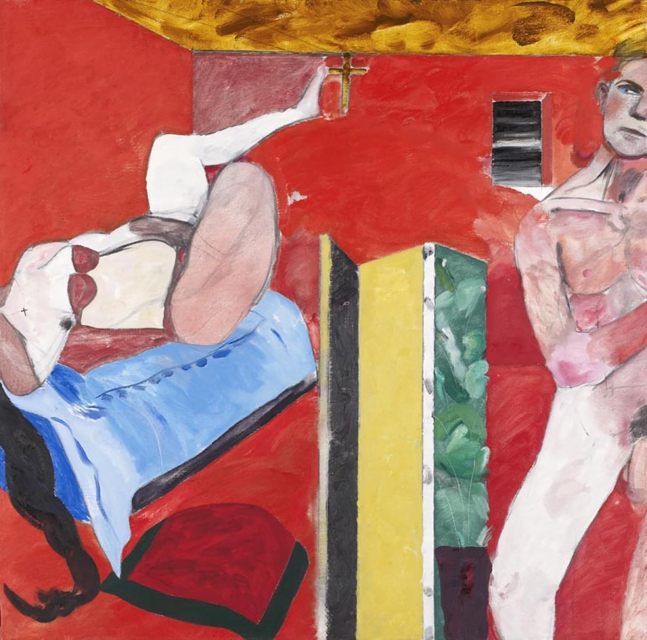 Abstract painting of two figures in a red room with distorted perspective by R.B. Kitaj.